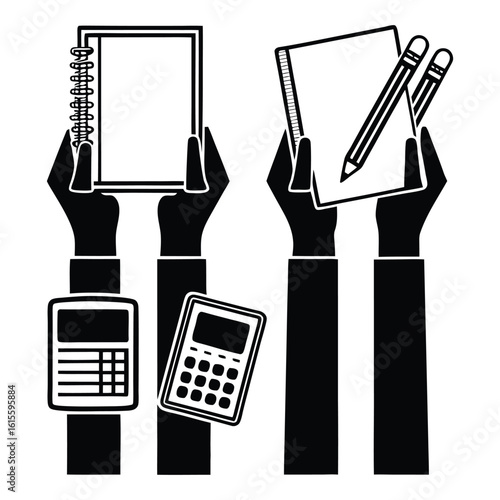 Multiple hands holding school supplies and calculators silhouette