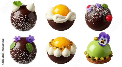 Assorted gourmet mousse desserts with toppings and flowers
