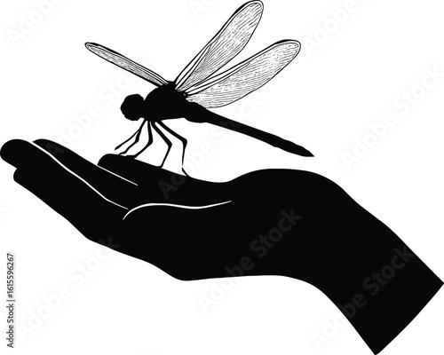 Silhouette of dragonfly perched on human hand, insect illustration, nature interaction, delicate balance, black and white artwork, harmony symbolism