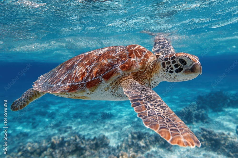 Fototapeta premium Oceanic turtle gliding through water