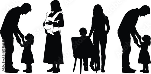 Silhouette of family bonding moments, nurturing relationships, parents with children together, emotional support, parenting, love, connection, care, vector illustration