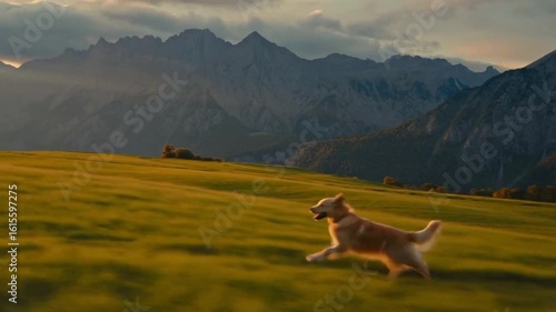 Golden retriever dog runs through scenic meadow landscape with majestic mountain backdrop