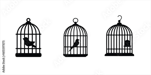 bird cage vector set hand drawn illustration on white background, bird cage silhouette vector