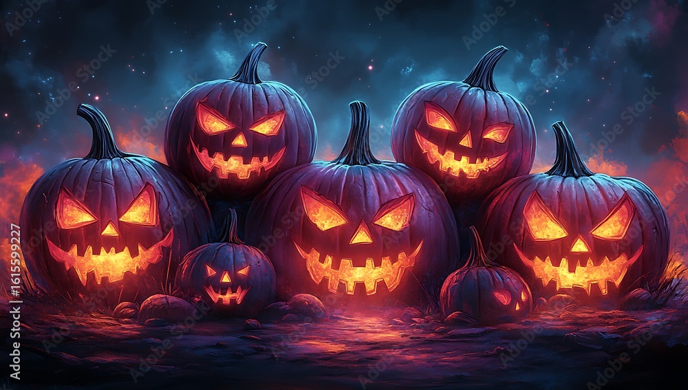Group of glowing carved Halloween pumpkins at night with starry sky jack o lantern Group of glowing carved Halloween pumpkins at night with starry sky jack o lantern