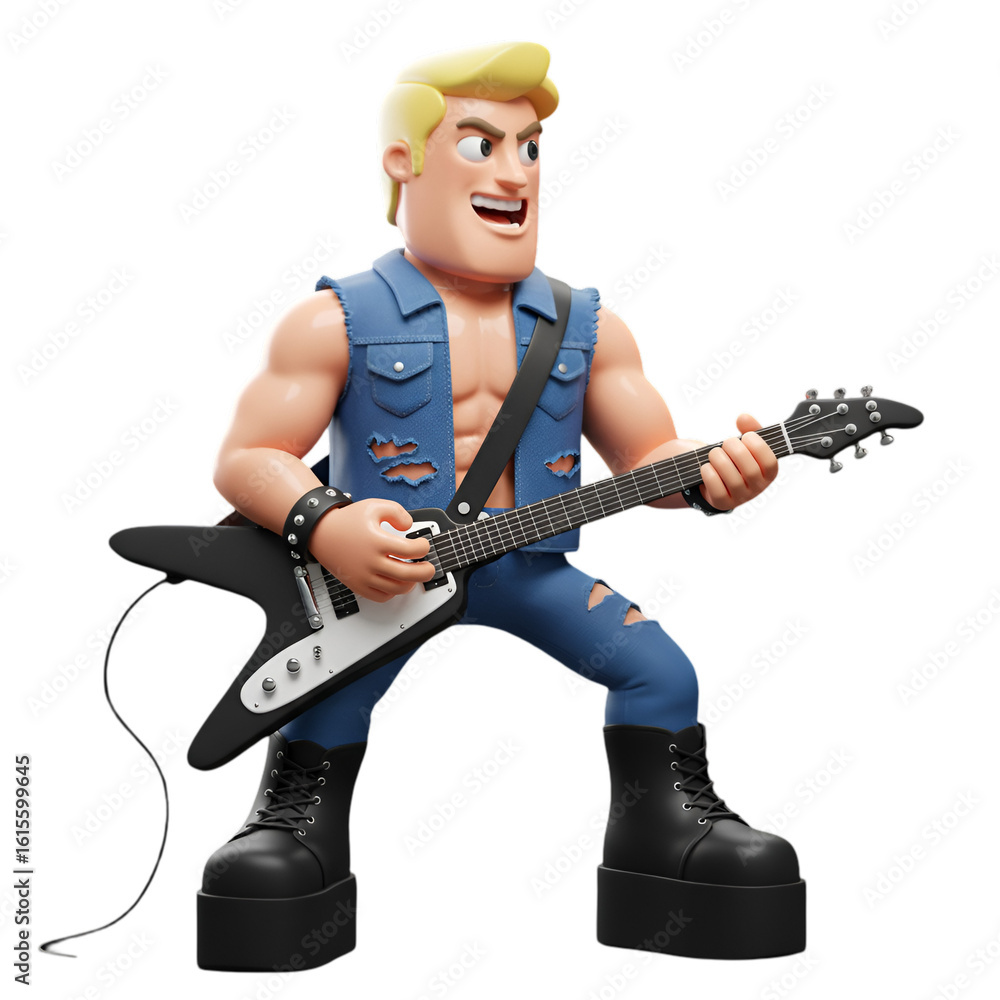 Obraz premium Dynamic 3D Cartoon Rock Musician with Guitar in Denim Jeans and Boots
