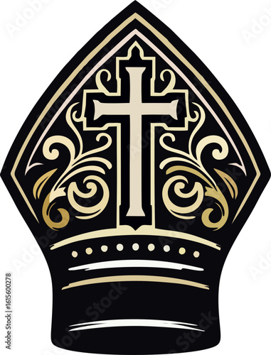 Elegant Black and Gold Pope Mitre Vector with Central Cross and Ornamental Flourishes