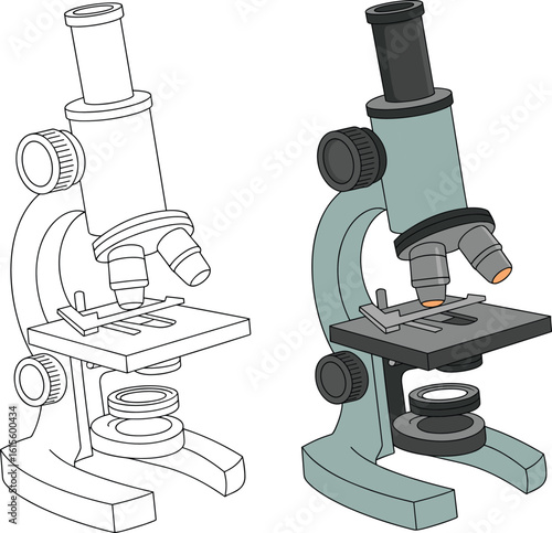 Scientific microscope illustration, educational biology tool, laboratory instrument, colored and outline version, research equipment, optical lens, science learning graphic
