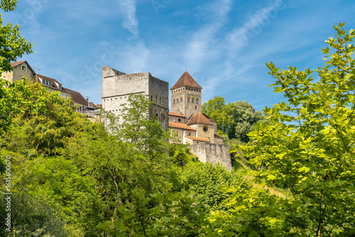 Fototapeta Sauveterre de bearn church towering over lush green trees in france