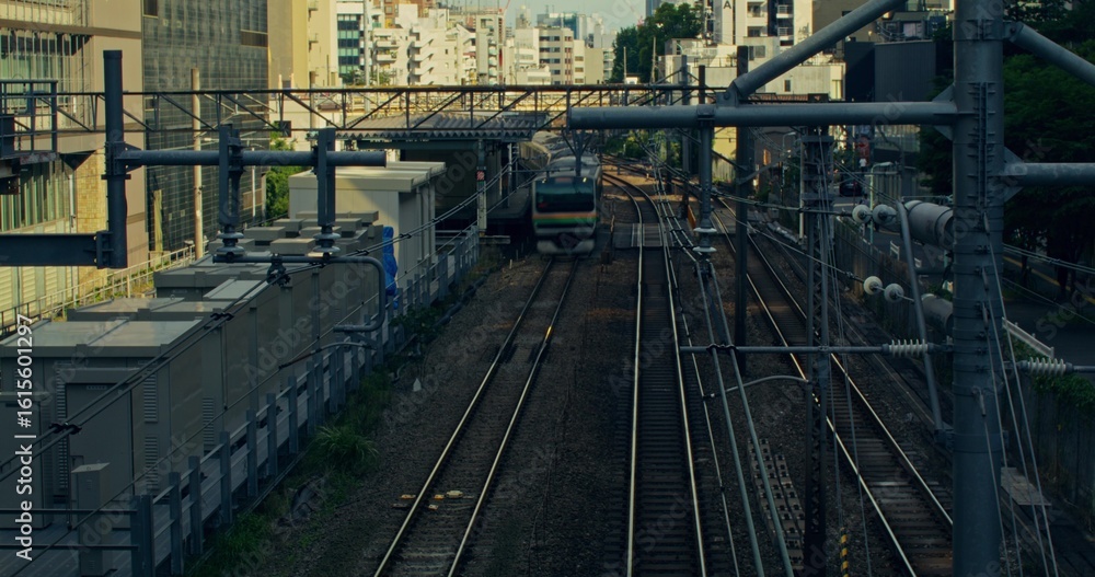 Naklejka premium View from the bridge to the railway in the city. The train is moving along the rails, accelerated video