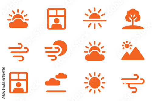 Weather icons sun clouds wind mountains tree person window vector