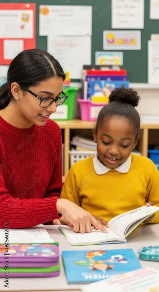 Teacher assisting a young student with reading comprehension during a focused learning session in a classroom setting Teacher assisting a young student with reading comprehension during a focused learning session in a classroom setting