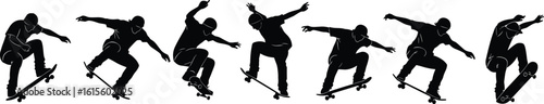 Silhouette of skateboarder performing ollie trick, extreme sports sequence, dynamic movement artwork, black and white illustration, energetic action shot