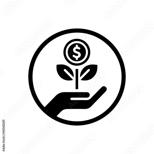 Investment growth icon with a hand holding a plant growing from a  dolar coin.