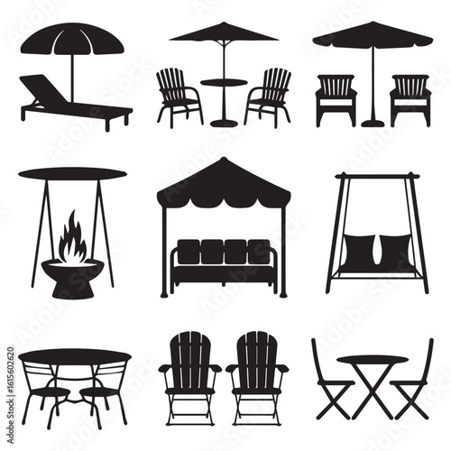 Vector art of an assortment of outdoor furniture and garden decor for stylish outdoor living