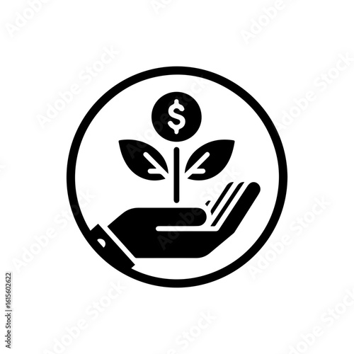 Investment growth icon with a hand holding a plant growing from a  dolar coin.
