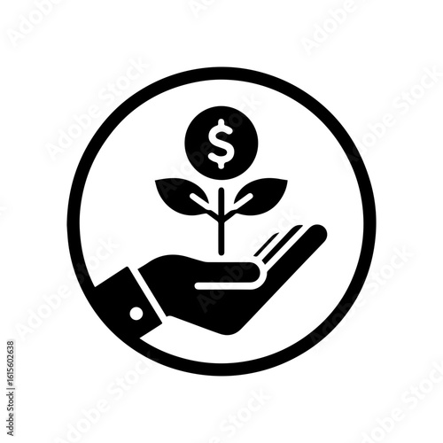 Investment growth icon with a hand holding a plant growing from a  dolar coin.