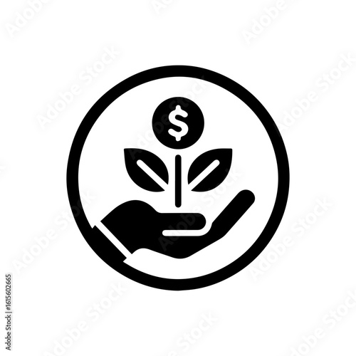 Investment growth icon with a hand holding a plant growing from a  dolar coin.