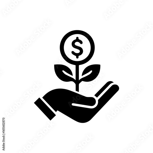 Investment growth icon with a hand holding a plant growing from a  dolar coin.