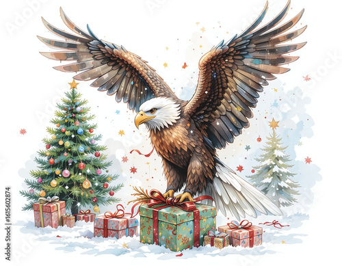 Watercolor eagle on Christmas gift with decorated tree. Festive holiday animal illustration on white background for seasonal designs