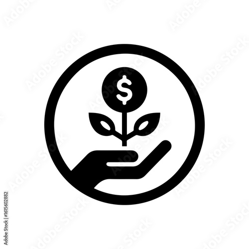 Investment growth icon with a hand holding a plant growing from a  dolar coin.