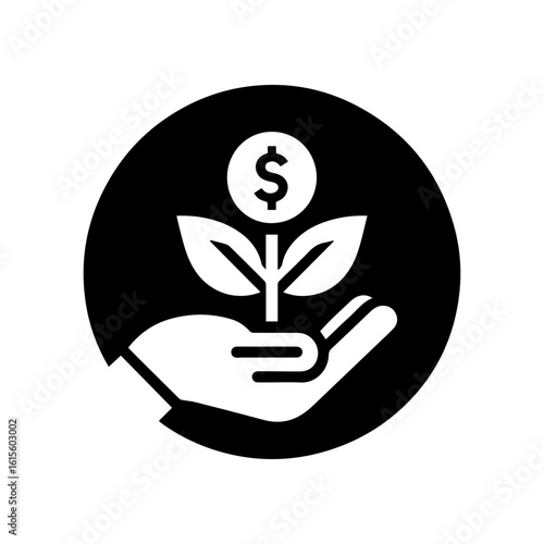 Investment growth icon with a hand holding a plant growing from a  dolar coin.