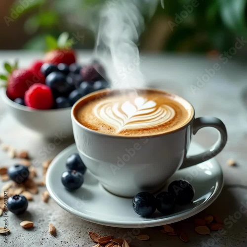 Fresh Fruit and Cappuccino on a Bright Morning Table. Cappuccino with Berries in Clean, Minimal Style. Juicy Fruits and Hot Cappuccino in Healthy Café Scene. Morning Coffee and Seasonal Fruit Pairing.