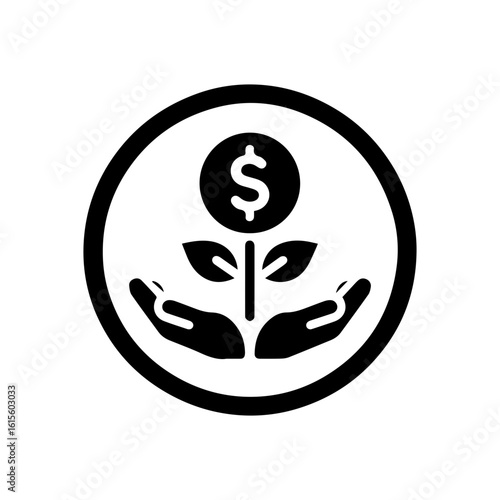 Investment growth icon with a hand holding a plant growing from a  dolar coin.
