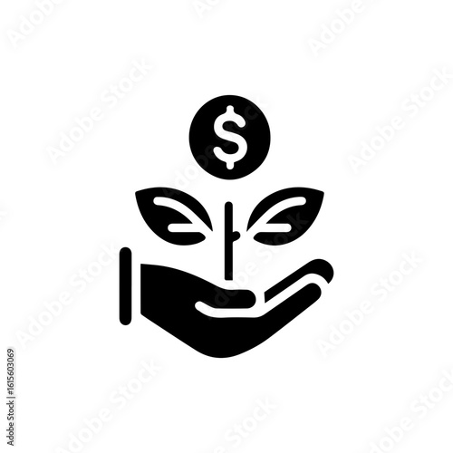 Investment growth icon with a hand holding a plant growing from a  dolar coin.