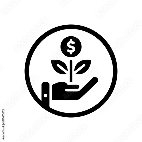 Investment growth icon with a hand holding a plant growing from a  dolar coin.