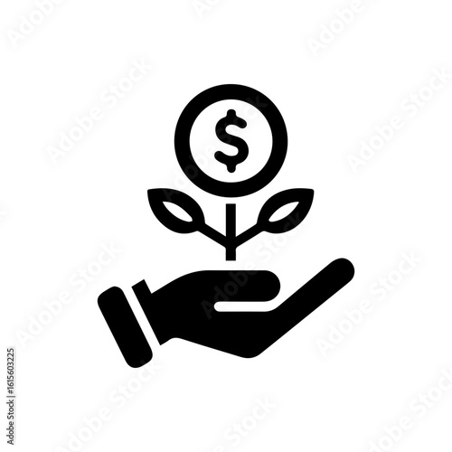 Investment growth icon with a hand holding a plant growing from a  dolar coin.