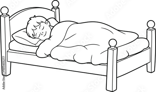 Sleeping boy in bed, cozy child resting, peaceful sleep, bedtime comfort, child under blanket, calm night, relaxing sleep time, sweet dreams