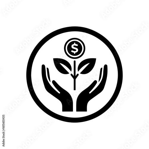 Investment growth icon with a hand holding a plant growing from a  dolar coin.