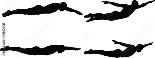 Silhouettes of flying human figures, dynamic motion, floating poses, sky background, abstract freedom, creativity, levitation, action, balance, space, style