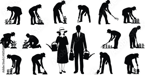 Silhouettes of gardeners with tools, planting, digging, raking, watering, teamwork, outdoor activity, farming, landscaping, agriculture, nature, gardening lifestyle