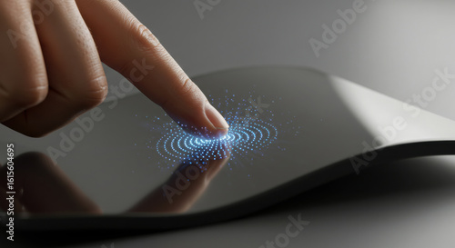 Index finger pressing on a flexible screen with 3D haptic feedback.