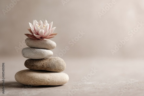 Stacked stones with a delicate pink lotus flower