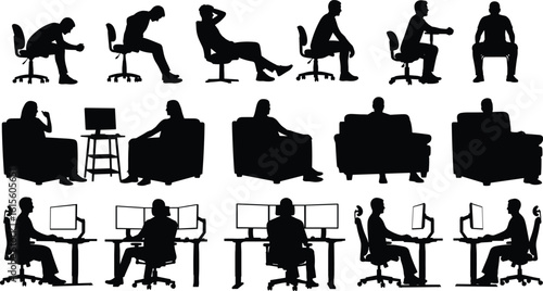Silhouettes of people sitting in different positions, office chair, watching TV, working posture, furniture setup, ergonomic, lifestyle, illustration