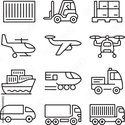 Logistics and Delivery Line Icons Set Container, Pallet, Forklift, Plane, Drone, Helicopter, Ship, Train, Cargo Truck, Warehouse Modern Vector Illustration