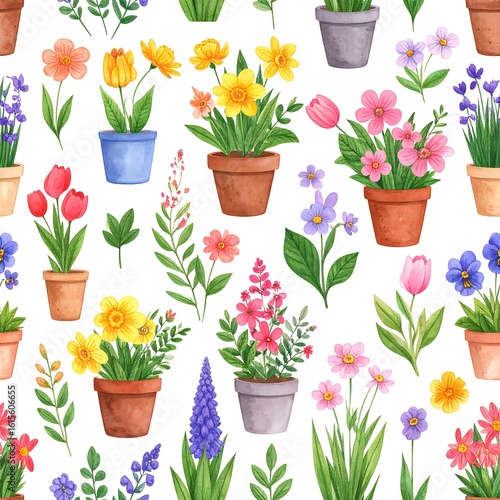 Colorful floral pattern with plants in pots