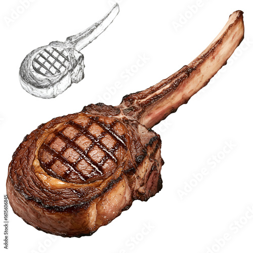 Grilled Tomahawk Steak Illustration On Black Isolated Background