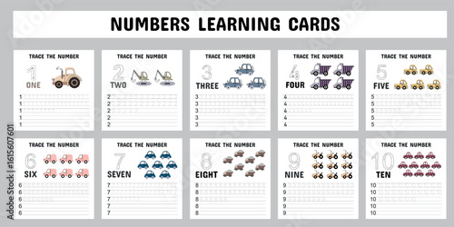 Printable number tracing cards for kids featuring numbers 1 to 10 with matching vehicle illustrations to support counting, writing, and early numeracy development.