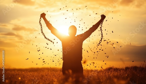 A person breaks free from chains at sunset, symbolizing liberation and triumph in a golden field.