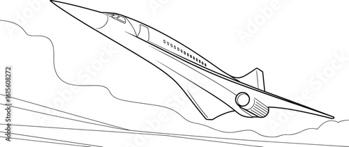 Supersonic airplane flying high, fast jet aircraft, futuristic passenger plane, sleek design, high-speed flight, aviation technology, modern airliner