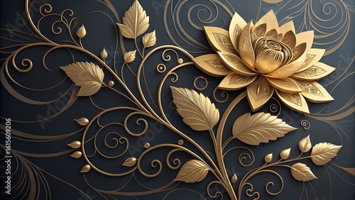 Elegant golden lotus blossom with intricate details on dark backdrop brings luxurious serenity