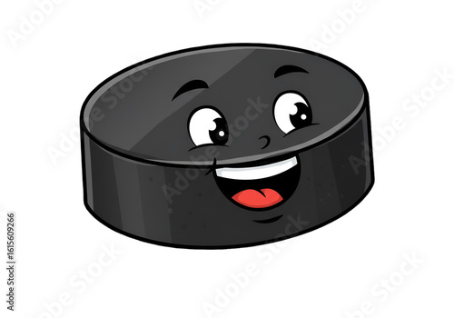 Happy Cartoon Hockey Puck Smiling Face Illustration on Transparent Background