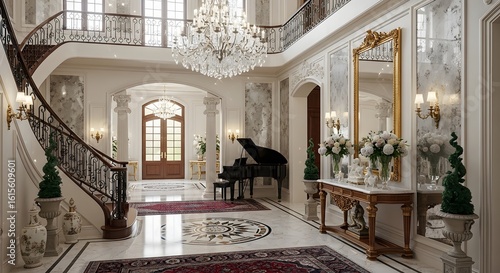 Luxurious interior of a grand mansion foyer featuring a sweeping staircase, a crystal chandelier, and elegant marble floors.