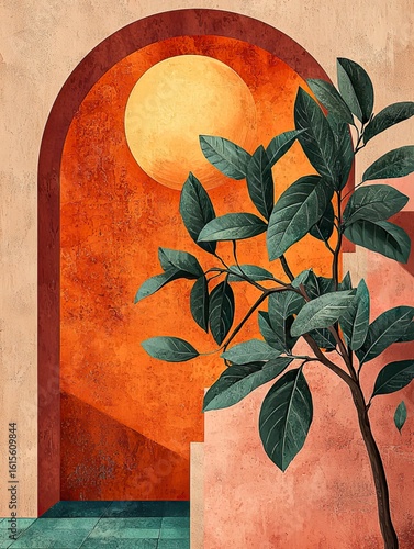 Vintage Retro Illustration with Soft Pastel Colors and Geometric Elements