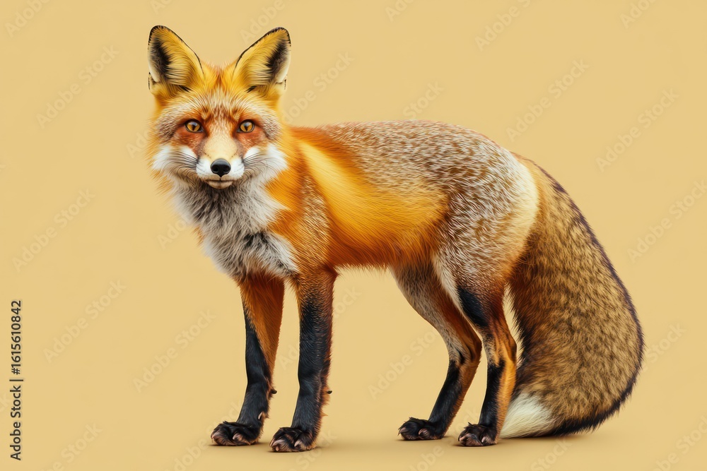 Fototapeta premium Alert red fox with bushy tail and golden eyes