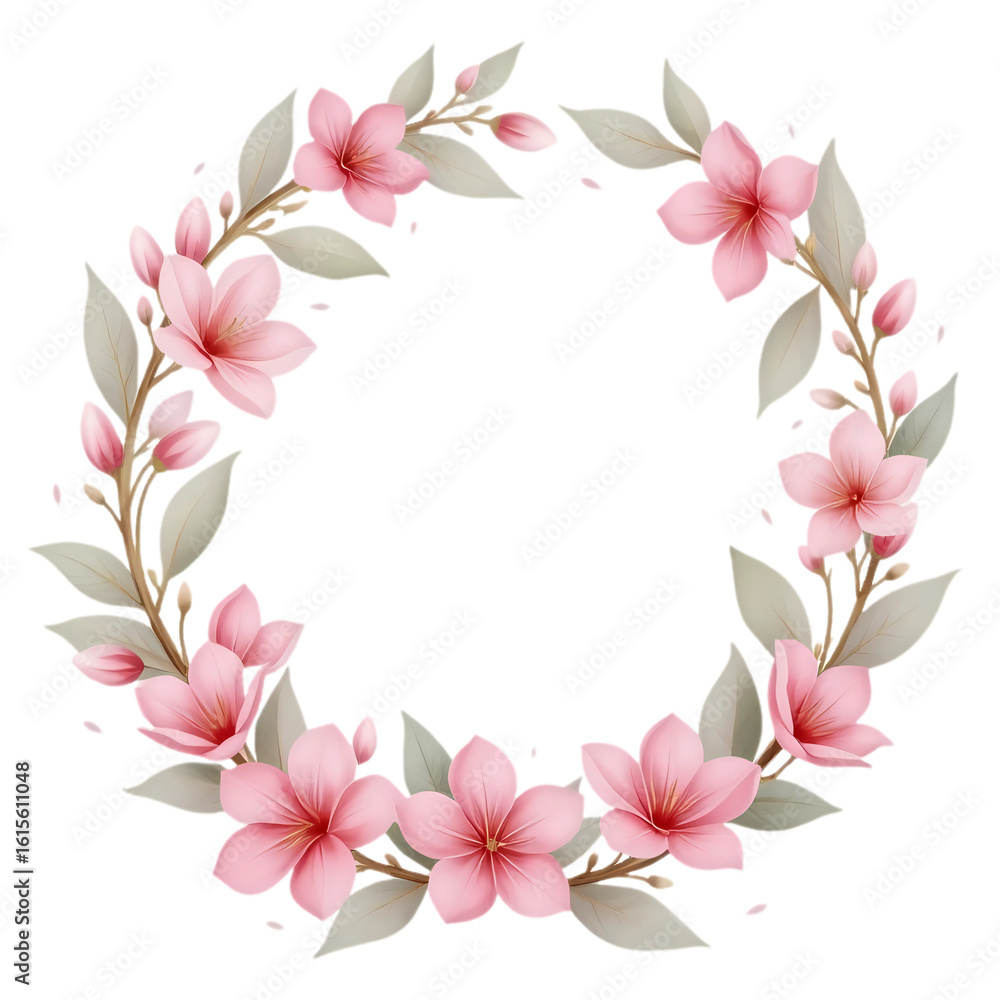 Fototapeta premium Elegant watercolor floral wreath with delicate pink spring blossoms. A beautiful round frame for invitations or greetings.