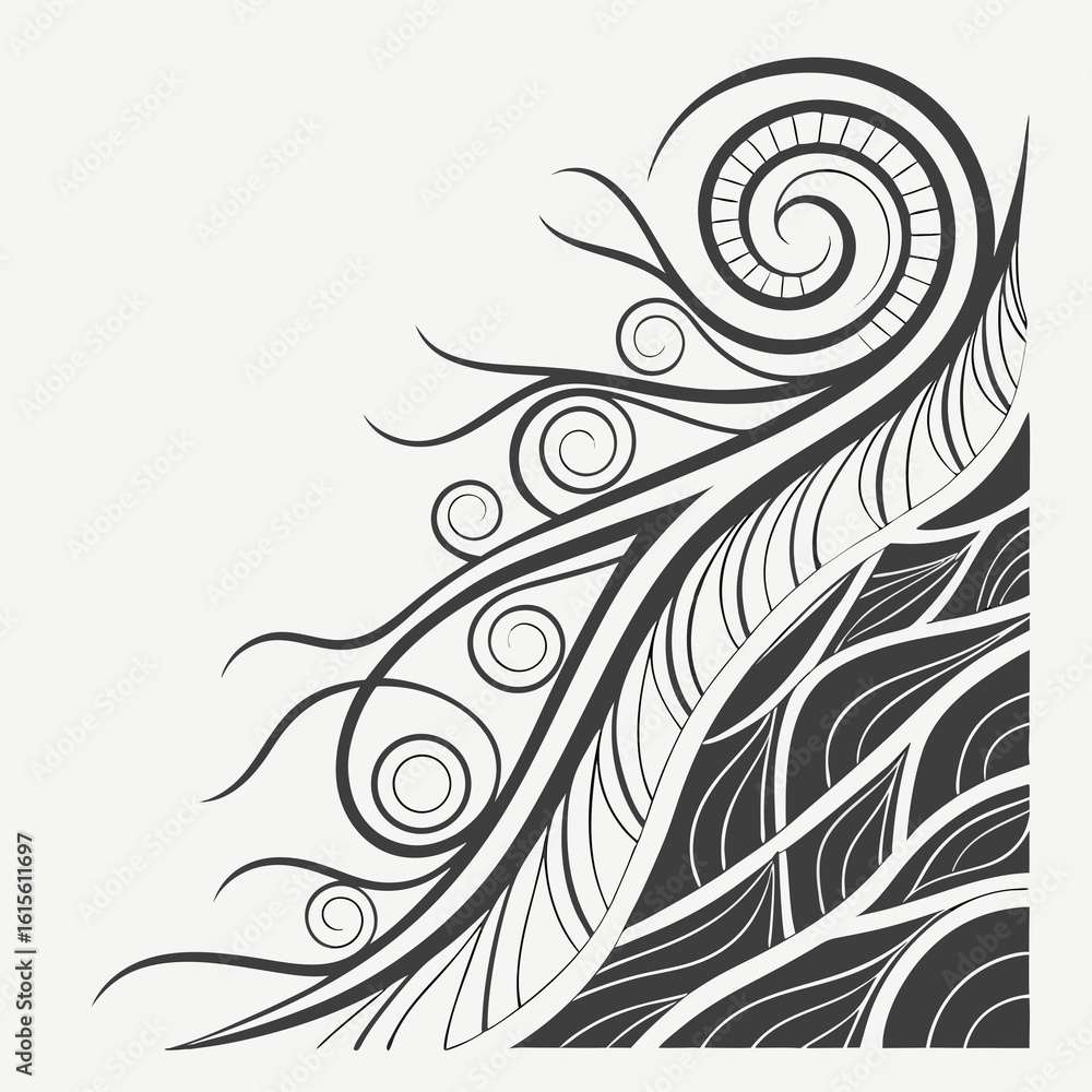 Fototapeta premium Black and white abstract swirling lines and leaf patterns vector